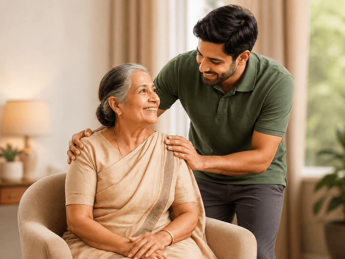 Care professional supporting an elderly parent
