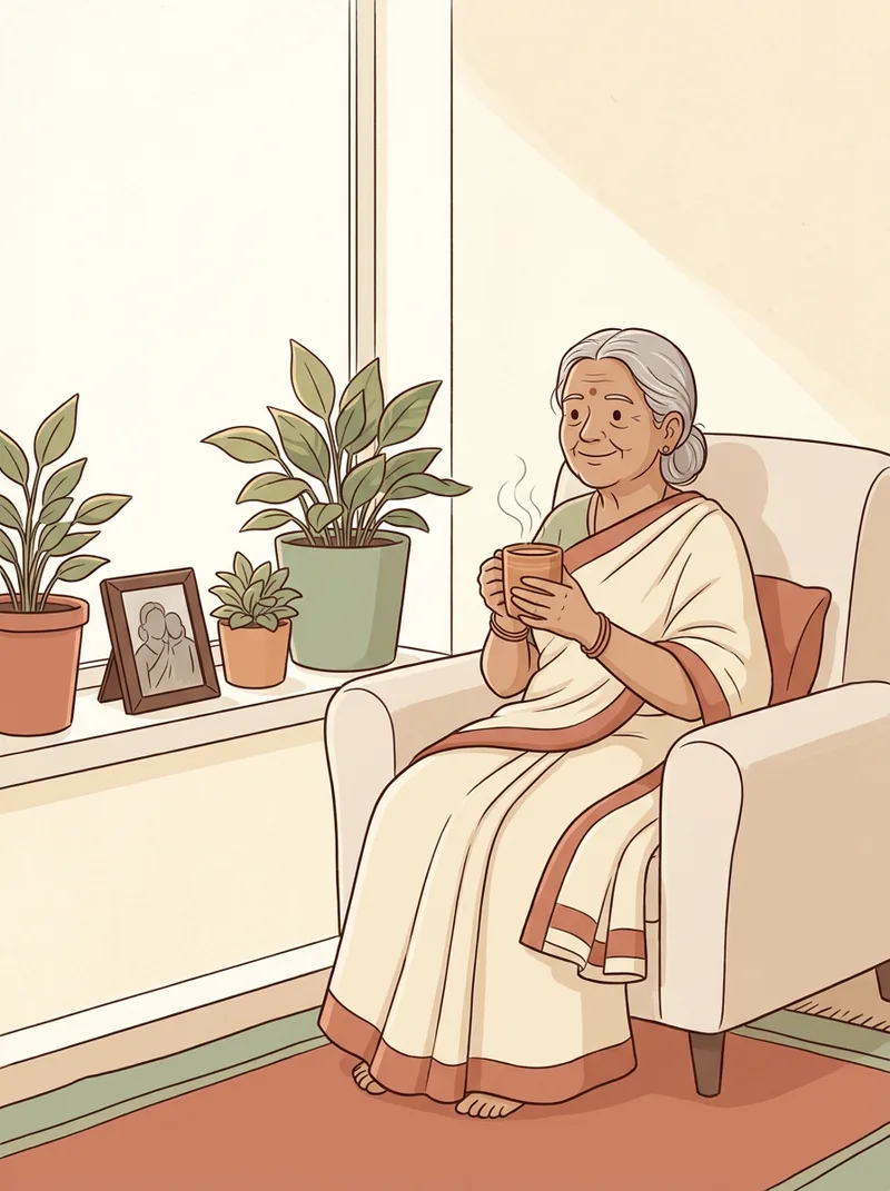 An older woman resting by a sunny window with a warm drink.