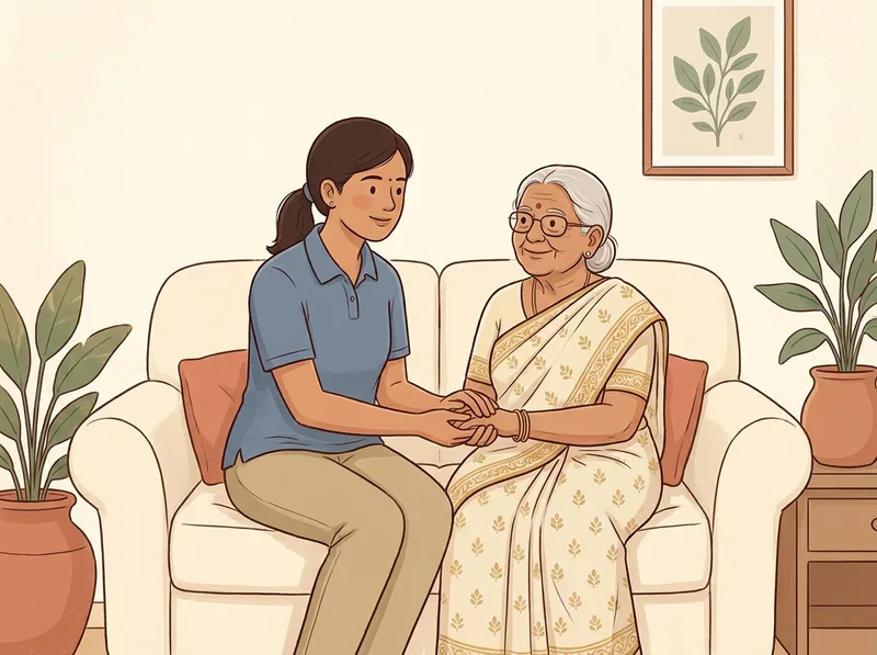 A caregiver sitting with an older woman at home, holding her hands.