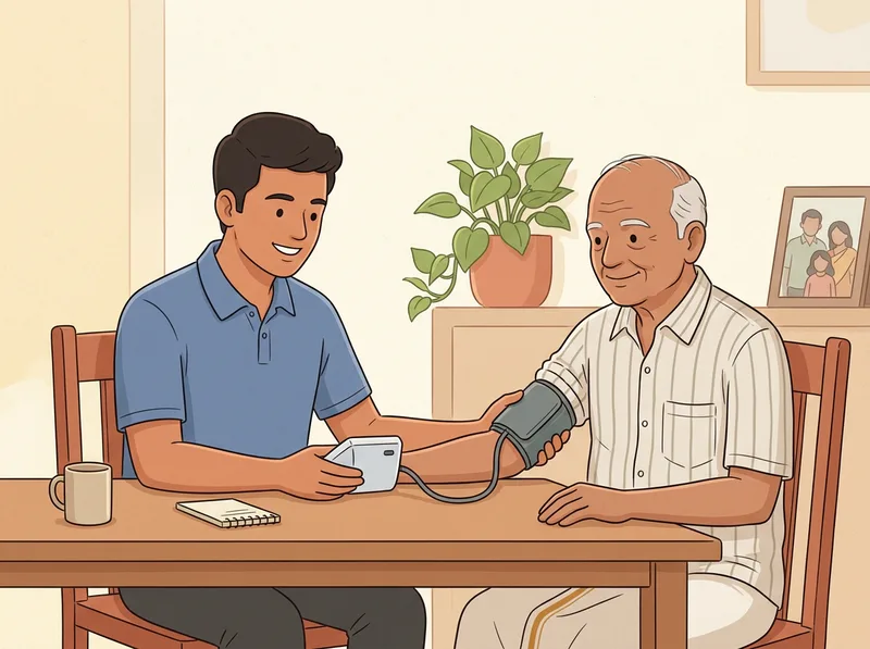 A caregiver taking an older man's blood pressure at his kitchen table.