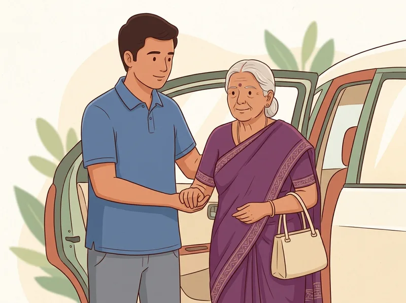 A caregiver helping an older woman step out of a car.