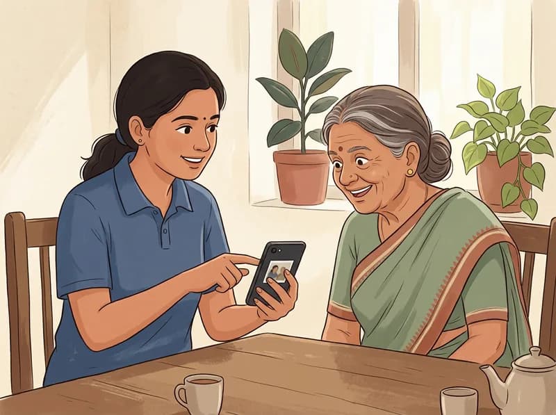 A caregiver showing an older woman a photo on a phone.