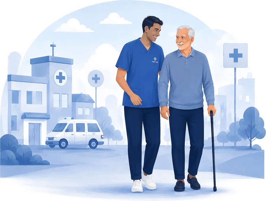 Care professional walking with an elderly man outside a hospital