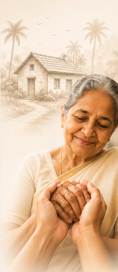 A caregiver's hands gently holding the hands of a smiling older woman at home.